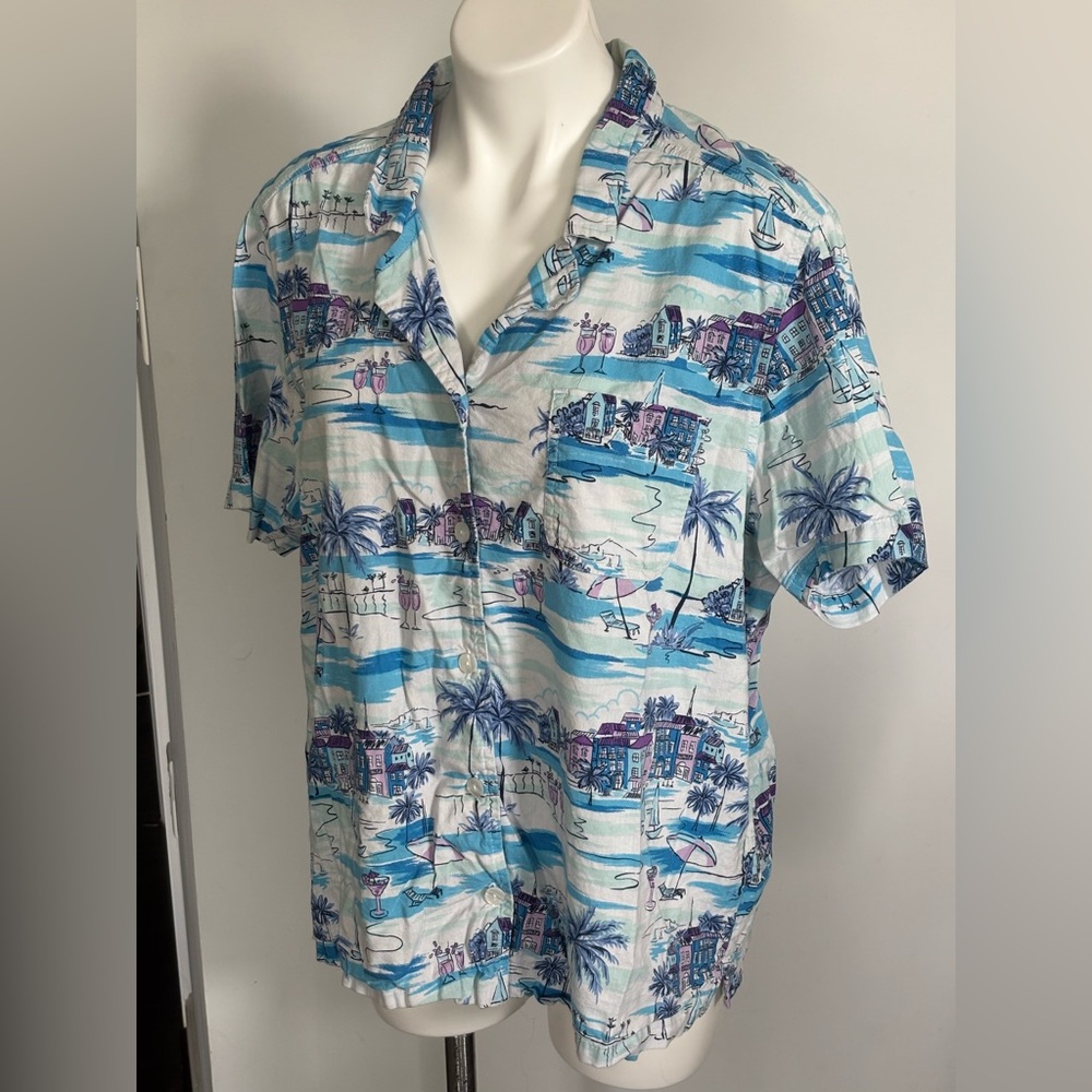 Erika Blue, White & Purple Tropical Button-Up Shirt